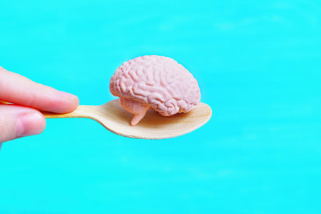 Hand holding a wooden spoon with a miniature human brain model isolated on blue background. Mind dieting concept.の写真素材