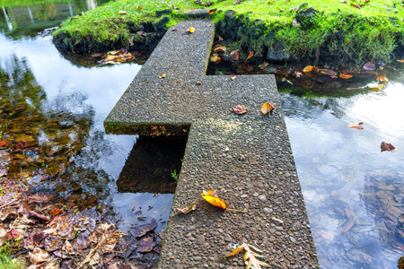 Z-shaped concrete bridge extends over a tranquil pond surrounded by lush grass and fallen autumn...