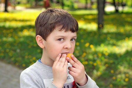 Boy eats chocolate egg with a surprise in the parkの写真素材
