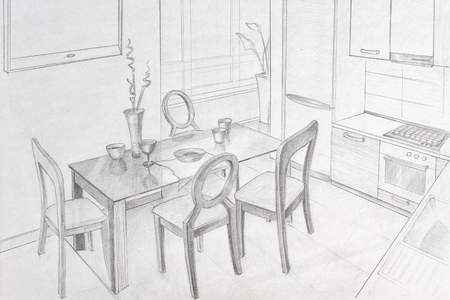 Freehand drawing pencil interior dining area in the kitchenの写真素材
