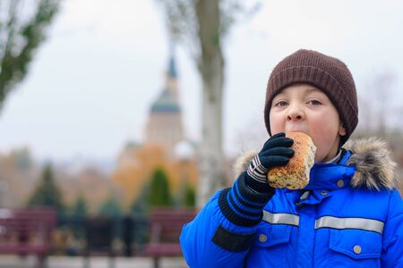 Boy in blue jacket eats pie with poppy seeds on the background of the fall of the cityの写真素材