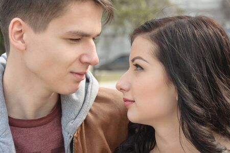 Closeup portrait a guy and a girl. Concept: friendship, love, relationships, feelings.の写真素材