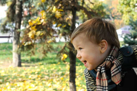 Little boy running in autumn park and rejoicesの写真素材