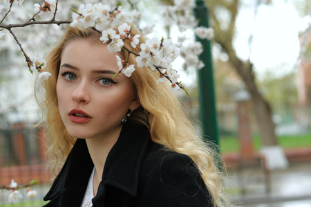 Portrait of a girl with blond hair who walks under blooming apricot treesの写真素材