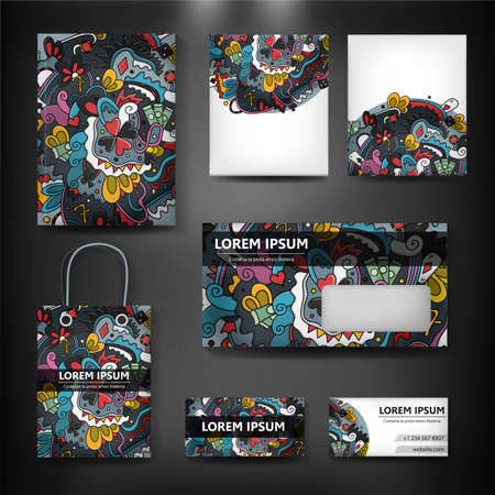 Vector hand drawn doodle art template of casino, poker and luck for cover design, business card, envelope, letterhead, brochure and book. Realistic corporate identity brand mock up in cartoon design.のイラスト素材