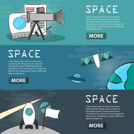 Set of vector cartoon horizontal banners of space. Business concept of exploration, outer space, astronomy and universe in hand drawn design. Doodle illustration of cosmos elements.のイラスト素材