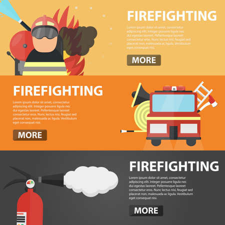 Set of vector flat horizontal banners of firefighting for website. Business concept of firefighter profession, emergency, fire protection and danger situation.のイラスト素材