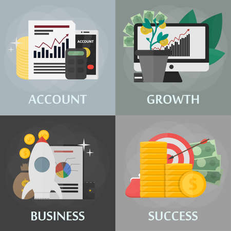 Vector flat square banners of account, growth, business and success. Concept of marketing, commerce, banking, finance and economy. Set of isolated business elements in flat design.のイラスト素材