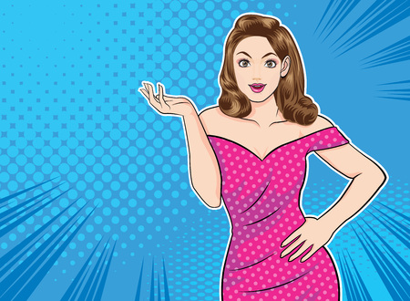 smiling woman presentation gesture Some Product with dot background pop art comics style.のイラスト素材