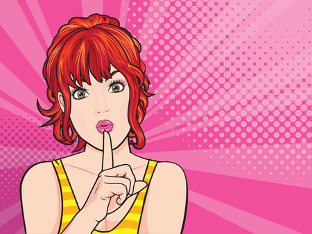 woman with finger on lips, silence gesture, pop art style woman banner, shut up.Woman with message Shhh for stop talkのイラスト素材