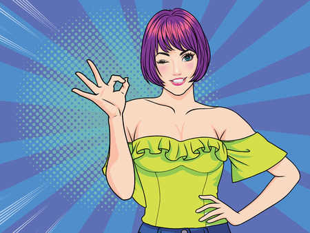 Woman okay gesture action with dot background pop art comics style.のイラスト素材