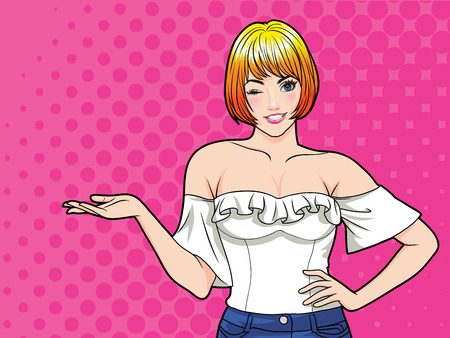 smiling woman gesture presenting something  with dot background pop art comics style.のイラスト素材