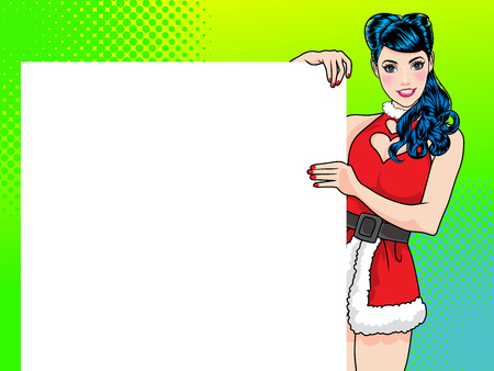Cute santa woman showing with comic bubble and dot background pop art comics style.のイラスト素材