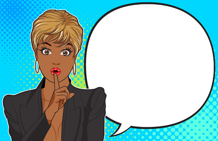woman with finger on lips, silence gesture, pop art style woman banner, shut up.Woman with message Shhh for stop talkのイラスト素材