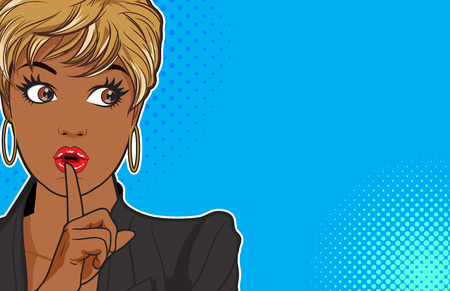 woman with finger on lips, silence gesture, pop art style woman banner, shut up.Woman with message Shhh for stop talkのイラスト素材