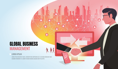 online conclusion of the transaction. the opening of a new startup. business handshake, via phone and laptop. のイラスト素材