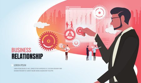 Business concept of vector illustration, little people links of mechanism, business mechanism, abstract background with gearsのイラスト素材