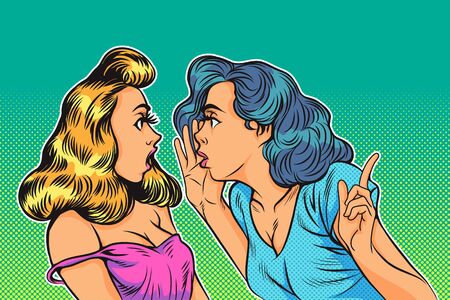 lifestyle, emotion and people concept : Portrait of two happy young women sharing secrets Pop art...