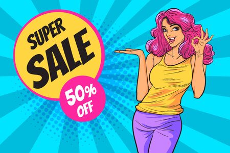 smiling woman gesture presenting something with sale promotion poster Sale Campaign.pop art style for poster template.のイラスト素材