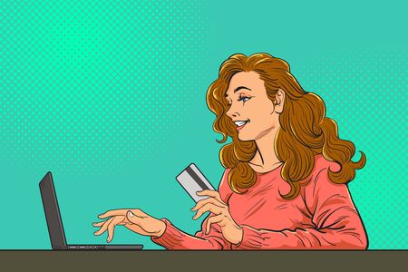 beautiful  Business woman at the desk is working on the laptop computer hold credit card with dot background pop art comics style.のイラスト素材