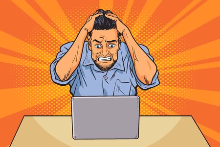 Failed and stressed businessman is tired to work on the computer. He put hands on the head.Busy time of businessman in hard working cartoon background in pop art comic retro style.のイラスト素材
