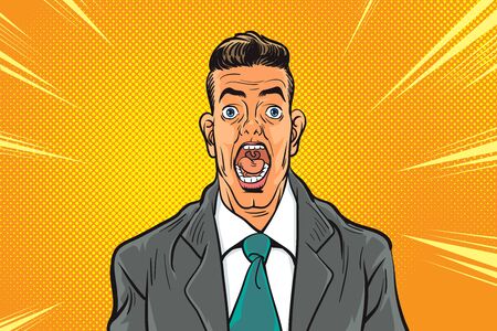 businessman screams in horror, isolated on white background. Pop art retro illustrationのイラスト素材
