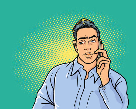 business Man listening a work conversation at the phone and being afraid for something in the pop art comics style.のイラスト素材