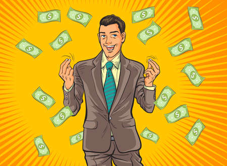 Pop Art comics Successful happy Business man Celebrating in Falling Down Money.The business concept of successful business man on money rolls Finance wealth profitのイラスト素材