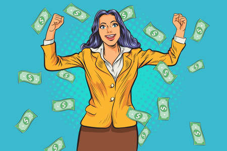 Pop Art comics Successful happy Business Woman Celebrating in Falling Down Money.The business...