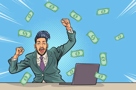 Pop Art comics Successful happy Business man Celebrating in Falling Down Money.The business concept of successful business man on money rolls Finance wealth profitのイラスト素材