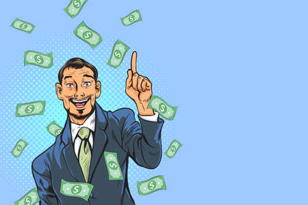 Pop Art comics Successful happy Business man Celebrating in Falling Down Money.The business concept of successful business man on money rolls Finance wealth profitのイラスト素材