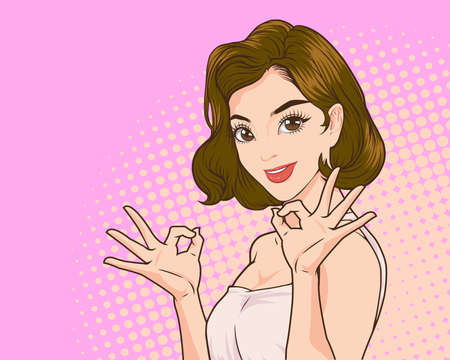 woman okay gesture with copy space showing Pop art retro comicのイラスト素材