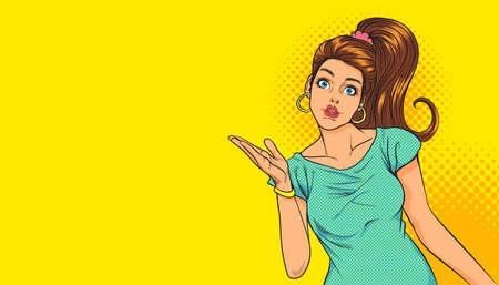 surprised pretty woman gesture presenting something with dot background pop art comics style.のイラスト素材