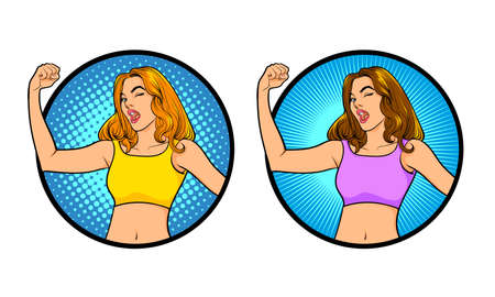 Beautiful strong brunette female athletic fitness woman pumping up muscles Pop art retro comic styleのイラスト素材
