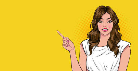 smile Young Woman Pointing Finger Holding Something On Hand On Yellow Background Retro Vintage Pop...