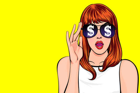 surprised woman with open mouth. Financial monitoring of currency dollar businesswoman in glasses Colorful vector background in pop art retro comic style.のイラスト素材