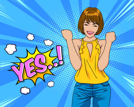 excited young lady standing make winner gesture say Yesのイラスト素材