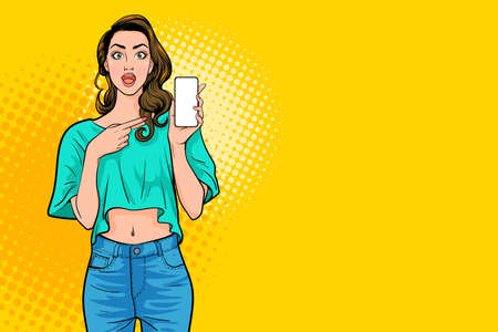 woman face wow and holding smartphone pop art retro comic style.