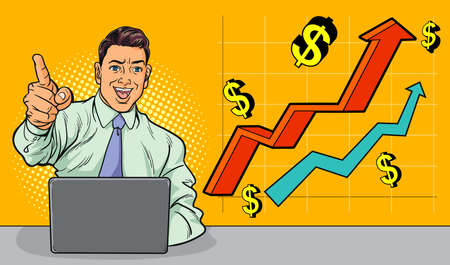 Business man with laptop pointing hand with arrow graph corporate  pop art comics style.のイラスト素材