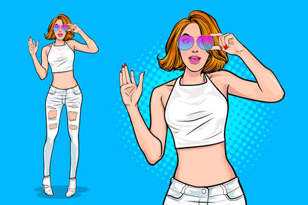 woman and sunglasses confident standing Pop Art Comic Styleのイラスト素材