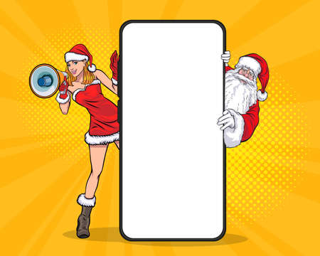 peeking santa claus with big smart phone and Santa girl hold megaphone In Retro Vintage Pop Art Comic Styleのイラスト素材