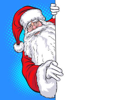 Santa Claus peeking holding blank sign Pop Art Comic Style Christmas or Santa Claus holding blank singのイラスト素材