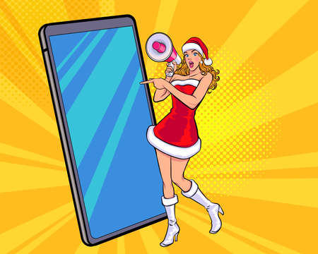 Santa girl face wow holding megaphone and pointing at smart phone pop art retro comic styleのイラスト素材