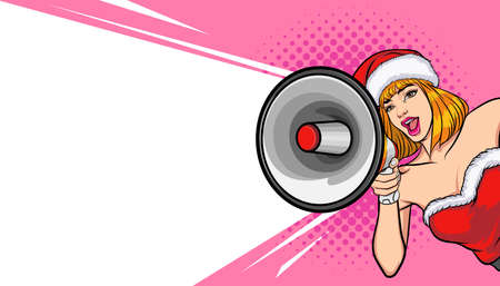 sexy santa woman megaphone merry christmas and empty copy space pop art retro comic styleのイラスト素材