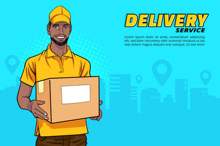 black delivery man employee holding big cardboard box In Retro Vintage Pop Art Comic Styleのイラスト素材