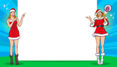 Santa women with megaphone showing with empty space for banner Pop Art Comic Styleのイラスト素材