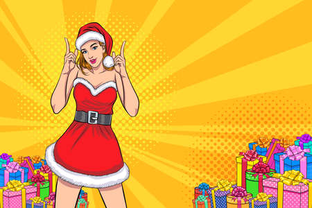 santa woman hands point up gesture presenting something  pop art retro comic styleのイラスト素材