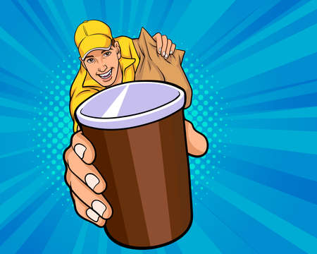 Delivery man employee with paper bag and cups of coffee  In Retro Vintage Pop Art Comic Styleのイラスト素材