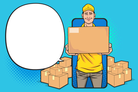 Delivery man employee with bigbox on smartphone shopping online concept  Pop Art Comic Styleのイラスト素材