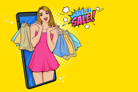 female holding shopping bag feeling happy online store discount promotion  Pop Art Comic Styleのイラスト素材